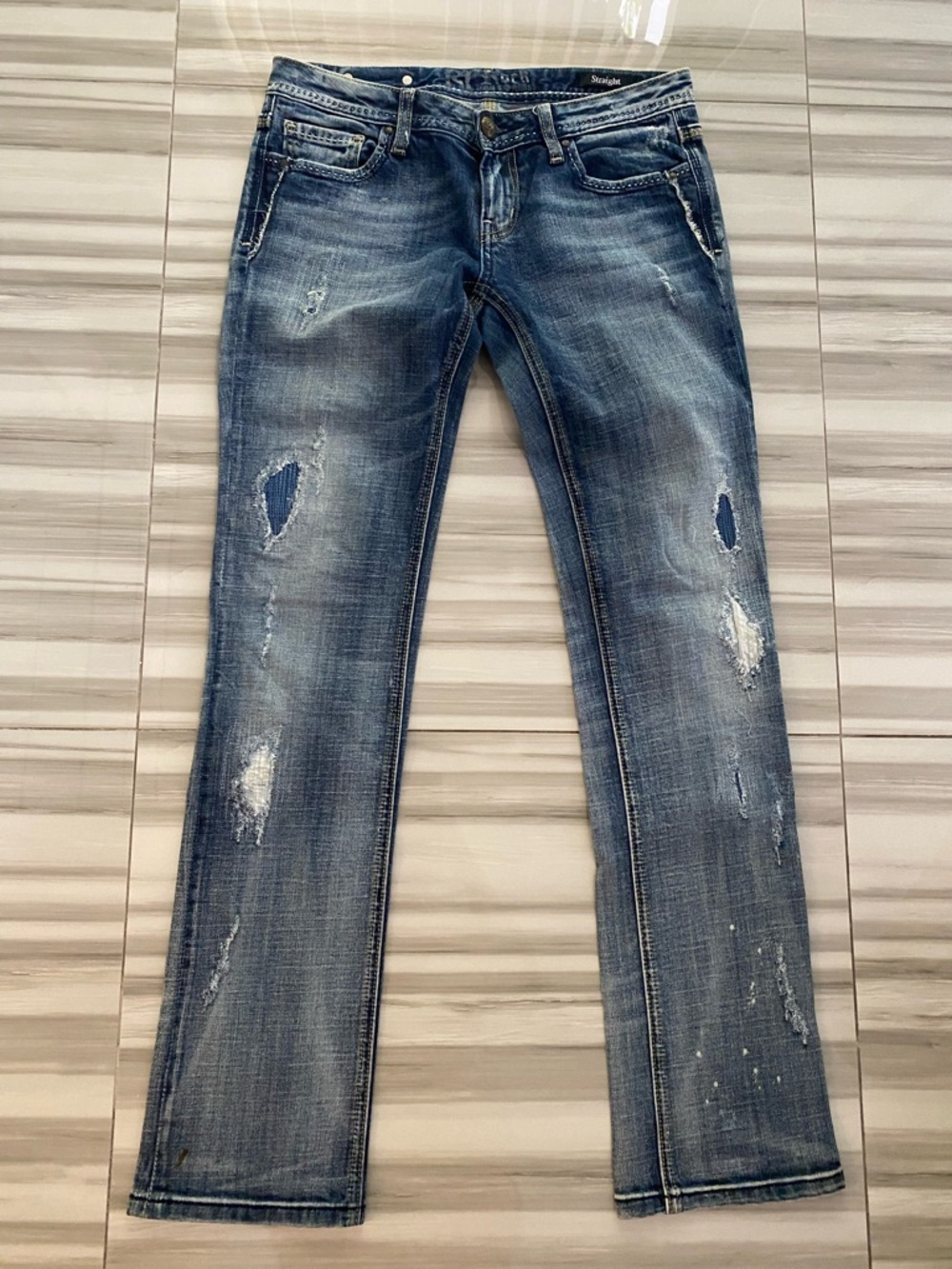 RF Rock for Express Women’s Distressed Blue Straight Jeans